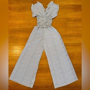 Max Studio Stripped Smocked V-Neck Jumpsuit